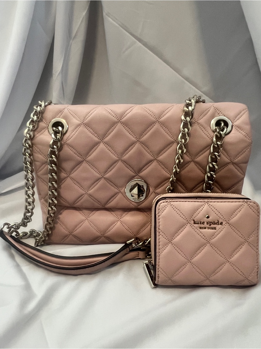 Kate Spade Pink Quilted Chain Shoulder Bag + Matching Wallet Set